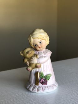 Enesco Growing Up Ceramic 2.5in 1 yr old Girl Dress Holding Teddy Bear ‘81 VTG 