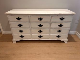 Vintage White Painted Wood Dresser with Brass Handles