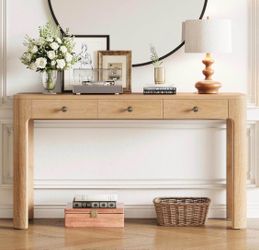 52 Inch Rustic Pine Wood Curved Light Oak Console Table 3 Drawers for Entryway Hallway Living Room F