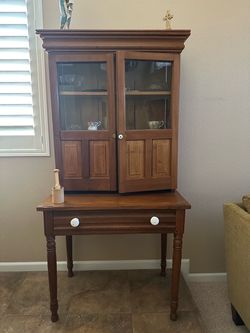 Antique Wood Hutch Cabinet with Glass Doors