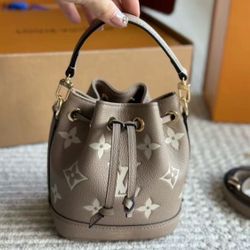 All over logo print drawstring closure embossed grained leather bucket bag shoulder crossbody bag mini women's