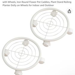 ORZ 12" White Plant Caddy, 2 Packs Metal Plant Pallet Caddy with Wheels, Iron Round Flower Pot Caddies, Plant Stand Rolling Planter Dolly on Wheels fo