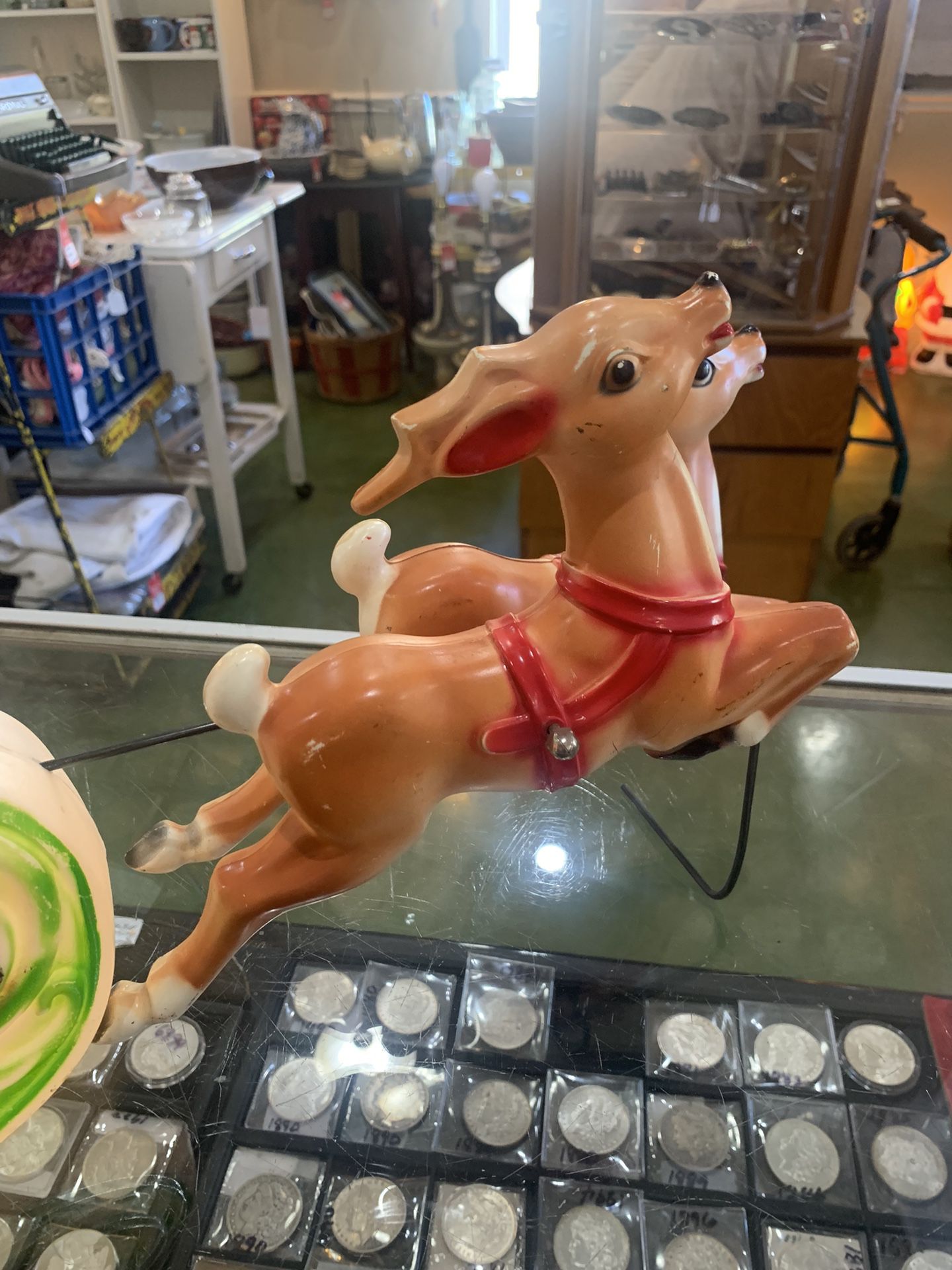 Vintage 1970 Empire Santa’s Sleigh and 2 Reindeer lighted table top Christmas blow mold. 24x6x11. 85.00.  Johanna at Antiques and More. Located at 316