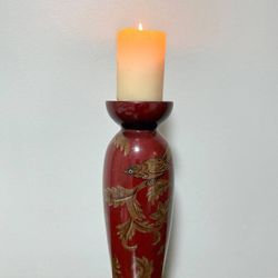 Oriental Style Gold Leaves Bird Motif Pillar Candle Holder Decor
