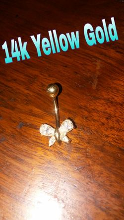 14k Solid Gold Belly Button Ring Clear Butterfly w/ Marquise Teardrop CZ