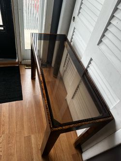 Maitland-Smith Vintage Faux Tortoise Shell Parsons Console Table with Smoked Glass Top and Brass Feet