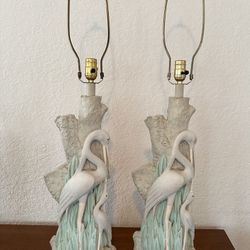 Vintage Faux Bois Plaster Egret Lamps