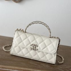 Chanel kelly chain clutch white caviar leather gold hardware