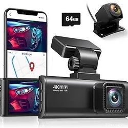 Dash Cam Front and Rear, 4K+1080P Dash Camera for Cars with 64GB Card, WiFi GPS Dual Dashcam, 3.18" LCD Screen, Loop Recording, Super Night Vision, Tw