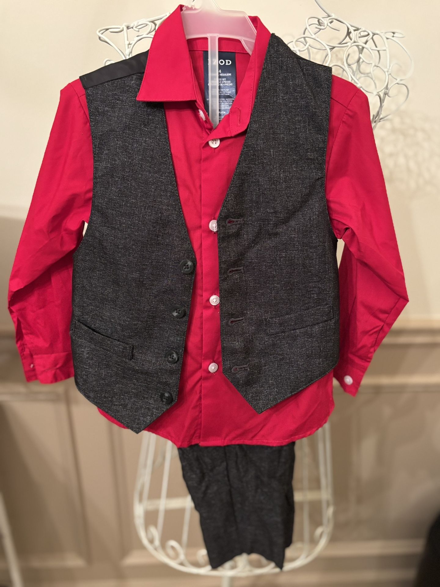 Boys Red Shirt with Gray Vest and Pants Set