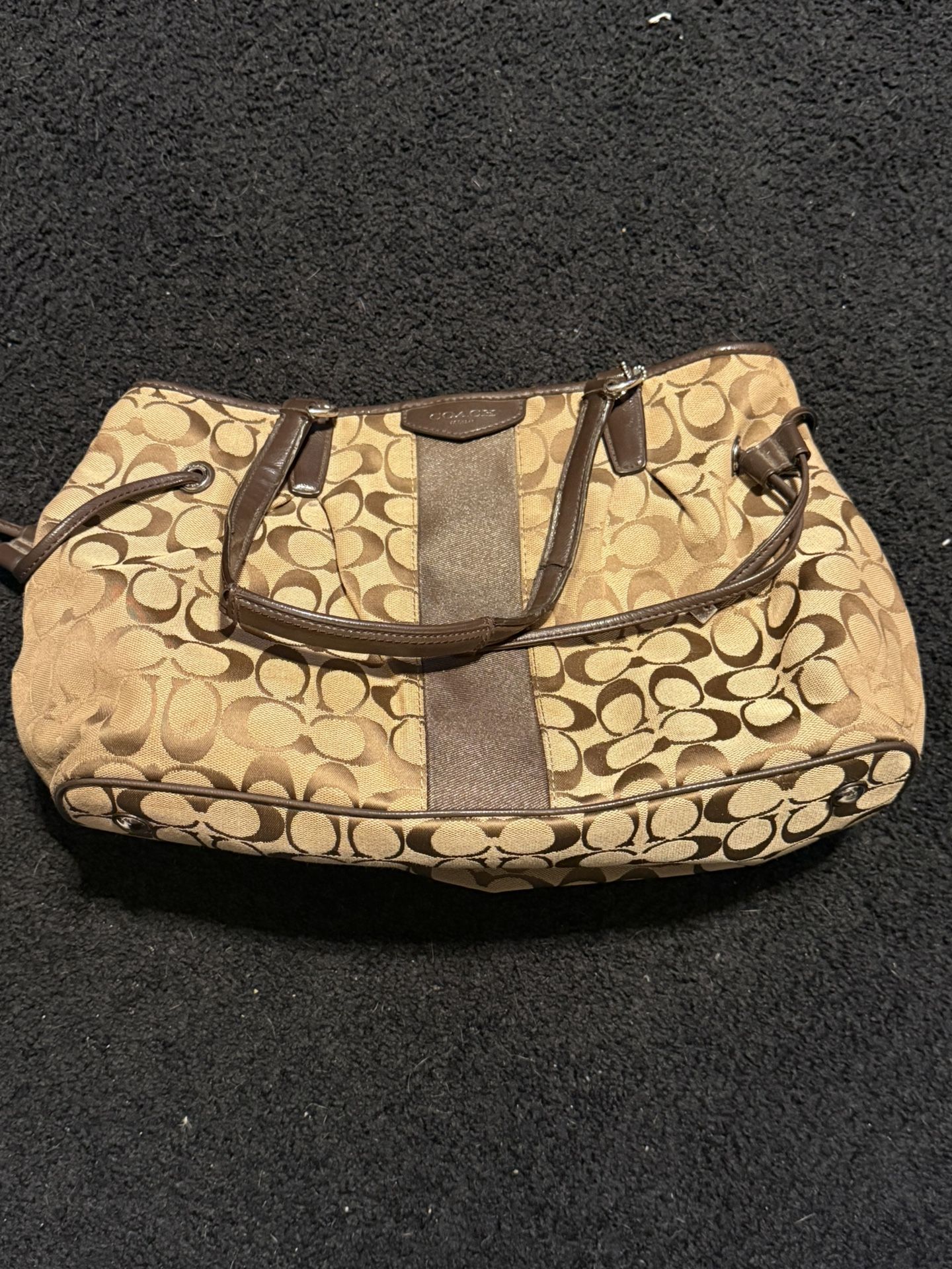 Coach Signature Stripe Drawstring Carryall Lg Handbag Silver/khaki