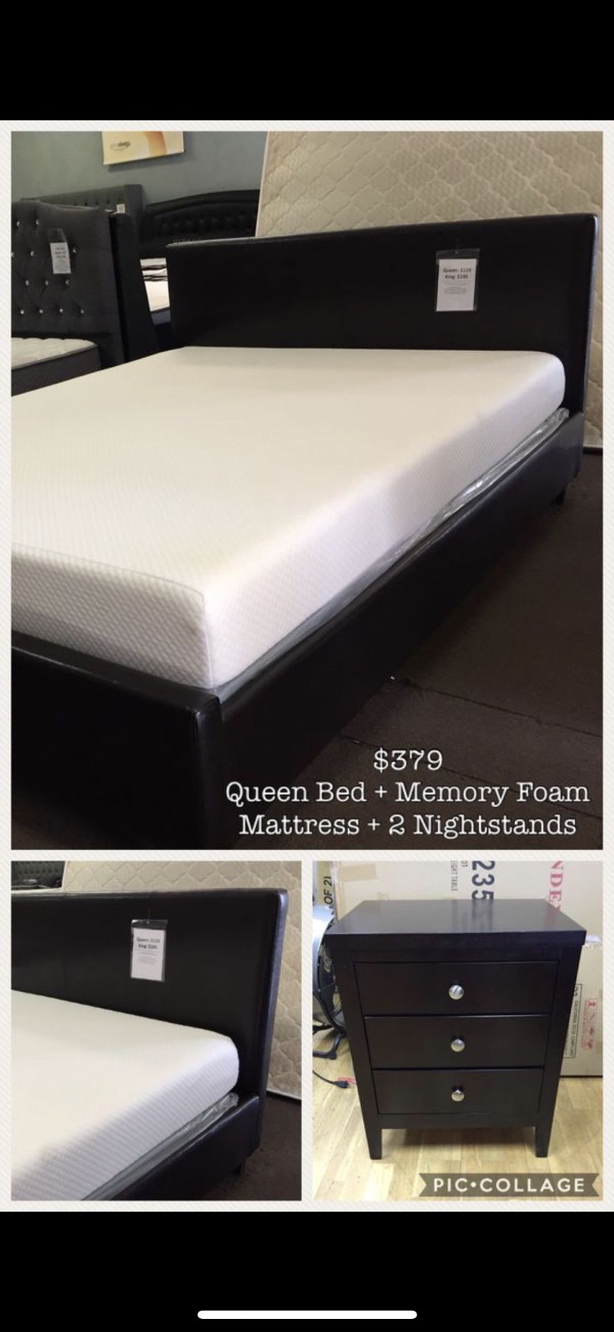 Queen bed frame with mattress with 2 nightstands