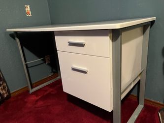 White office desk with metal frames