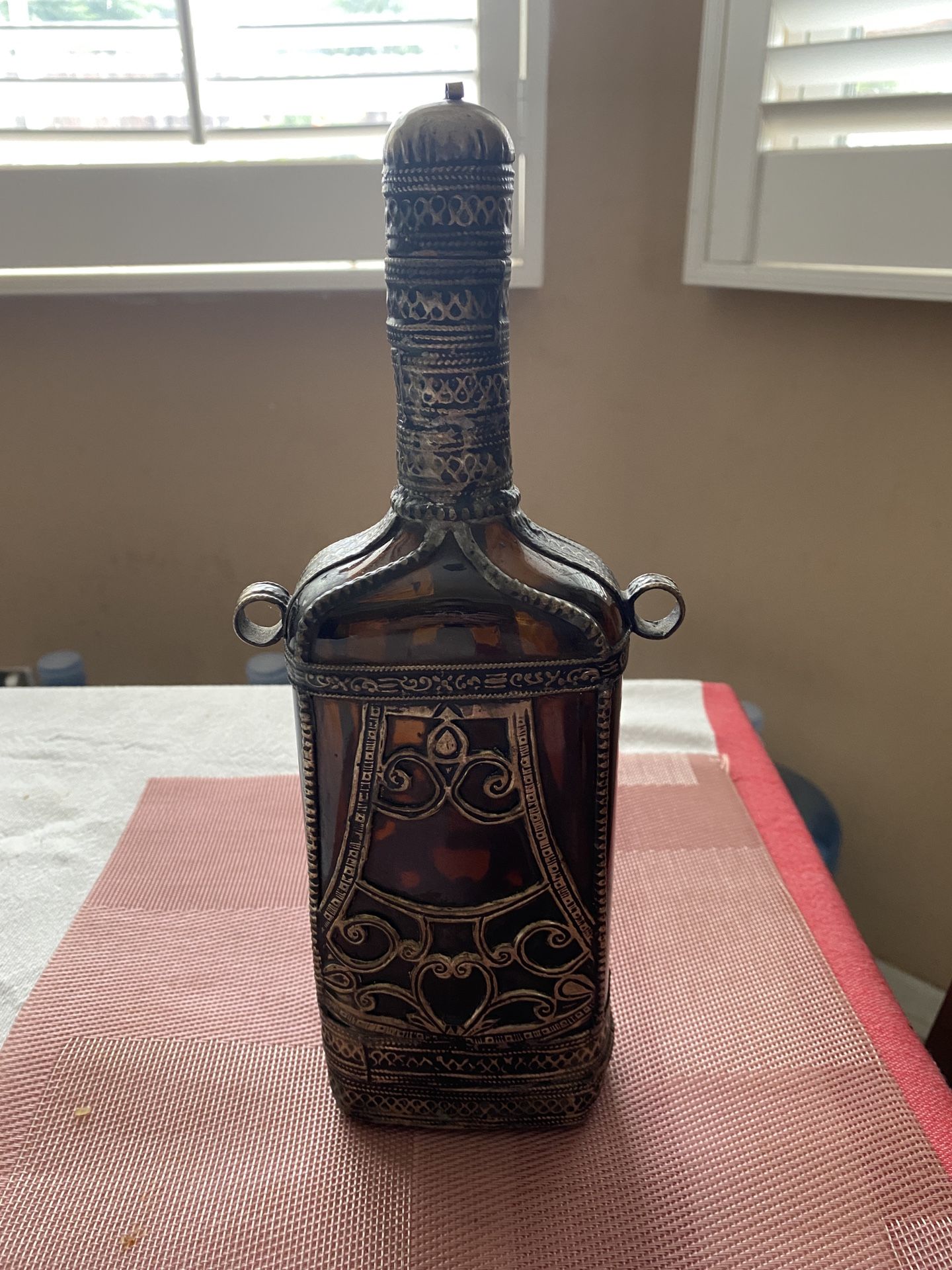 Vintage Medieval Handmade Metal Glass Bottle Heavy Stones Horror Movie