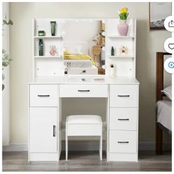 Caulitar Large Makeup Vanity Table Set w/10LED Lighted Mirror Dressing Table with 5 Drawer & Stool for Bedroom, Whtie
