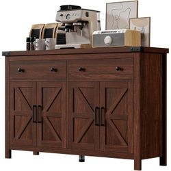 55" Sideboard Buffet Cabinet with Storage, Coffee Bar Cabinet with 2 Drawers and 4 Barn Doors