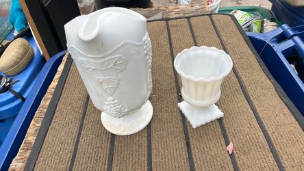 Milk Glass Pitcher and Urn Vase Set