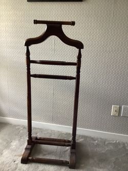 Vintage Wooden Valet Stand - Gentleman’s Suit Hanger with Pants Bar & Shoe Shelf
