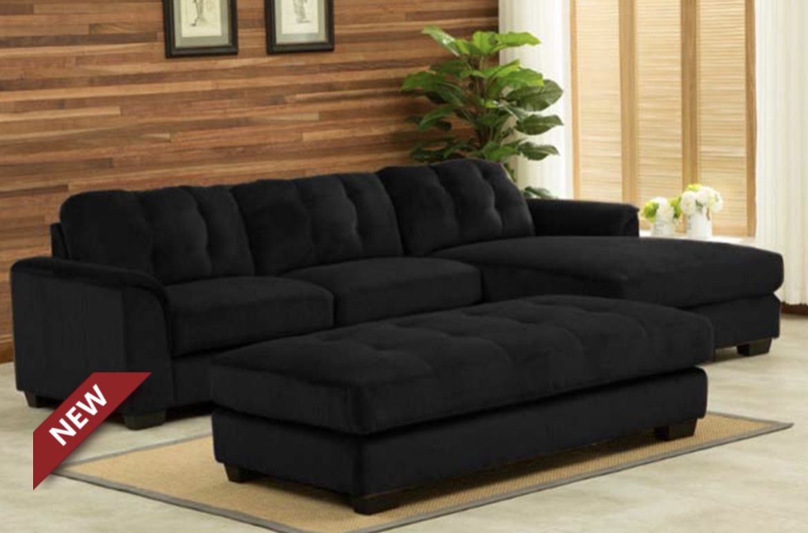 Black Velvet Sectional With Ottoman * Available Now * Ellenton Outlets * Call Or Visit Us!