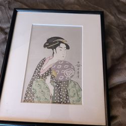 Framed Vintage Japanese Utamaro Selection Ukiyoe Woodblock Printing Hanga Kimono Lady 