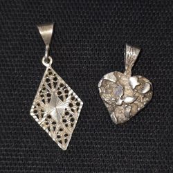 Silver Nugget Shaped Heart Filigree Diamond Shape Pendant Charm Lot Of 2 