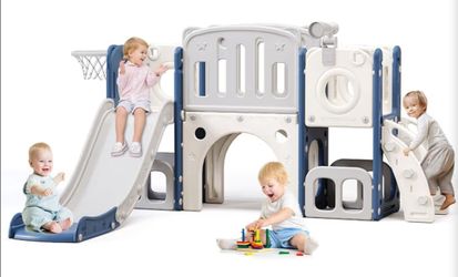 Toddler Slide,Kids Climber Slide with Storage Space and Non-Slip Steps,Indoor Outdoor Playset with Basketball Hoopa and Telescope,Slide for Toddlers A