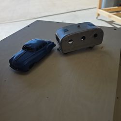 VTG 1950s SSS Tin Friction Toy Set Featuring a Blue Cadillac and Silver House Trailer Made In Japan.