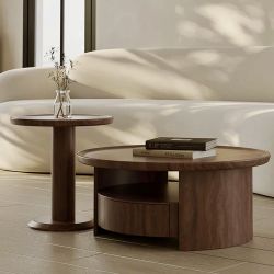 Modern Solid Wood Stylish round Coffee table set Walnut Brown