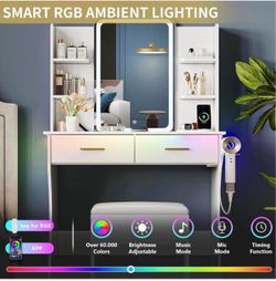 Vanity Desk with LED Lights Mirror & Power Outlet, Small Makeup Vanity Table Set with Storage Drawers & Chair, 3 Lighting Modes & Adjustable Brightnes