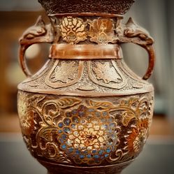 1920s Japanese Bronze Dragon Vase – Hand-Enameled Floral