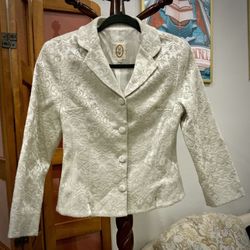 VTG 80s Ivory Satin Floral Embroidered Jacket Size 12P OBO