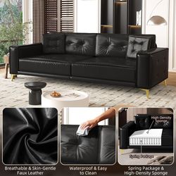 New black leather with gold legs 92" king size sofa sleeper with 2 pillows