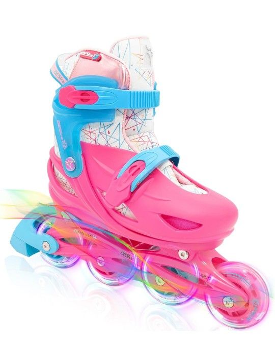 Light up Inline Skates for Girls, 4 Size Adjustable Roller Shoes with Full Illuminating Wheels for Kids, Hard Shell Roller Skates for Beginner Childre