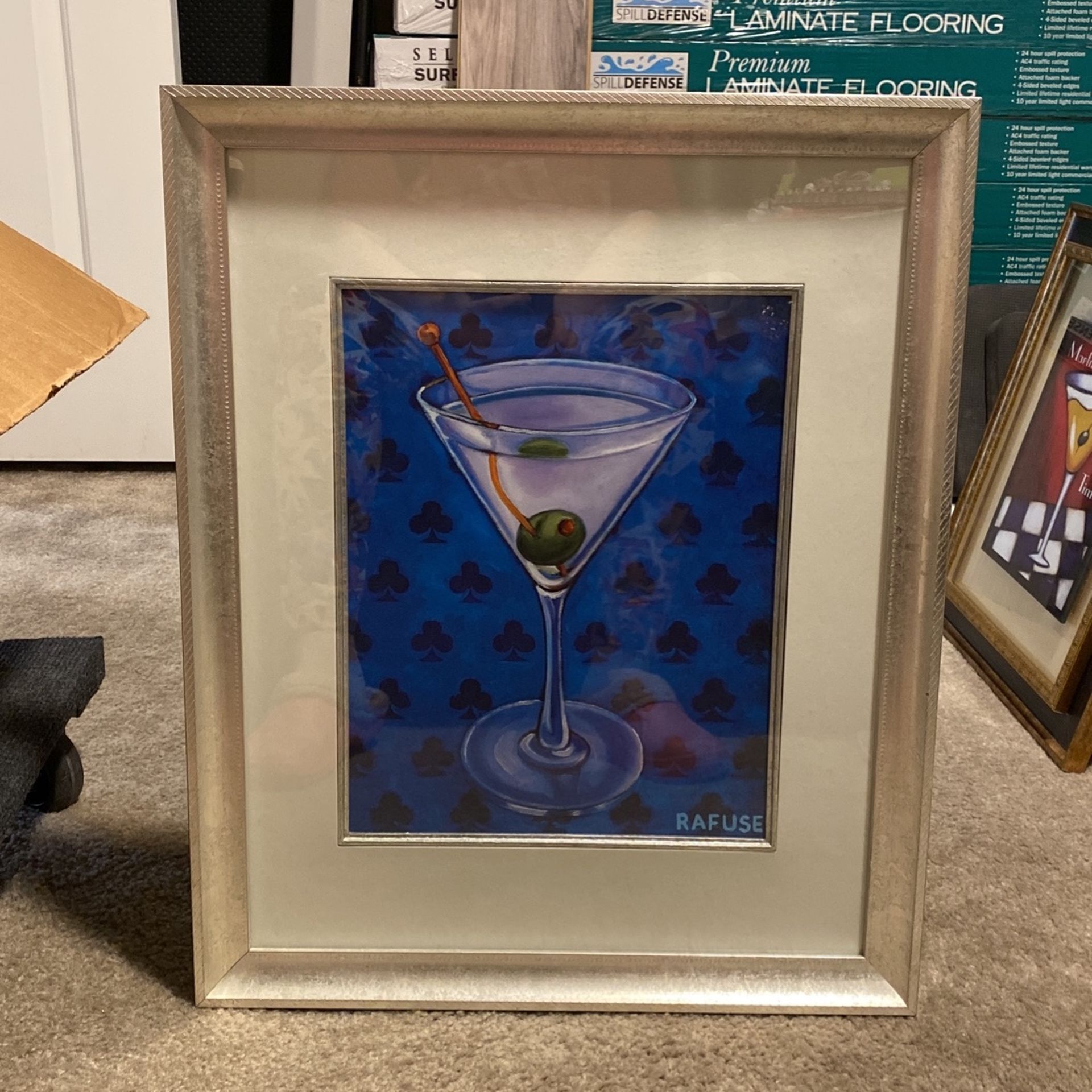 Large Framed Martini Art (Rafuse Print) Under Glass Traditional Martini With Card Suit Clubs In Background