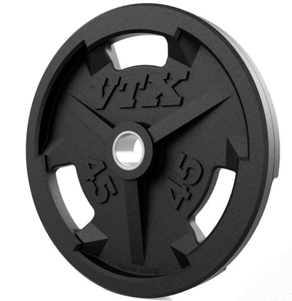 TROY VTX 45 LB RUBBER-ENCASED OLYMPIC PLATES (PAIR) FACTORY REBATE* WORLD-CLASS SHIPPERS  ● WHY CHASE DOWN RUSTY USED B/C GRADE OLYMPIC PLATES!?