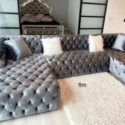 Brand New/ Gray Velvet Double Chaise Sectional, Seccional, Couch// Delivery Available 