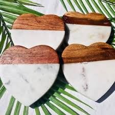 Heart Shaped Marble & Natural Wood Coaster/ Trivet