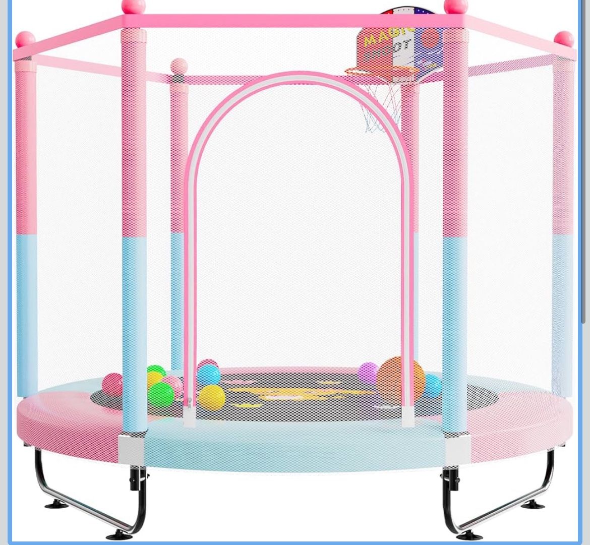 Trampoline for Kids, 5 FT Indoor & Outdoor Toddler Baby Trampoline with Basketball Hoop, Safety Enclosure, Birthday Gifts for Kids, Gifts for Boy and