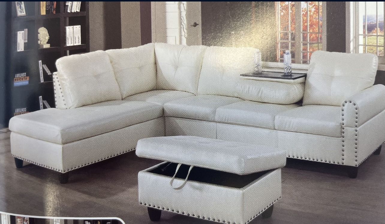 White Leather Sectional Couch With Drop Down Table 