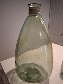 Large Green Glass Bottle Vase with Rope Neck