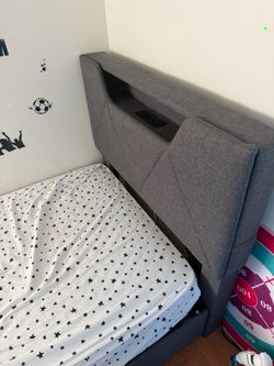Grey Upholstered Bed Frame with Storage Headboard