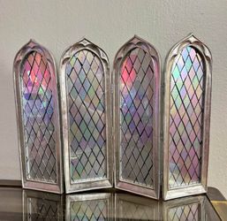 Antiqued Silver Gothic Cathedral 4-Panel Folding Mirror | Arched Stained Glass Style Decor