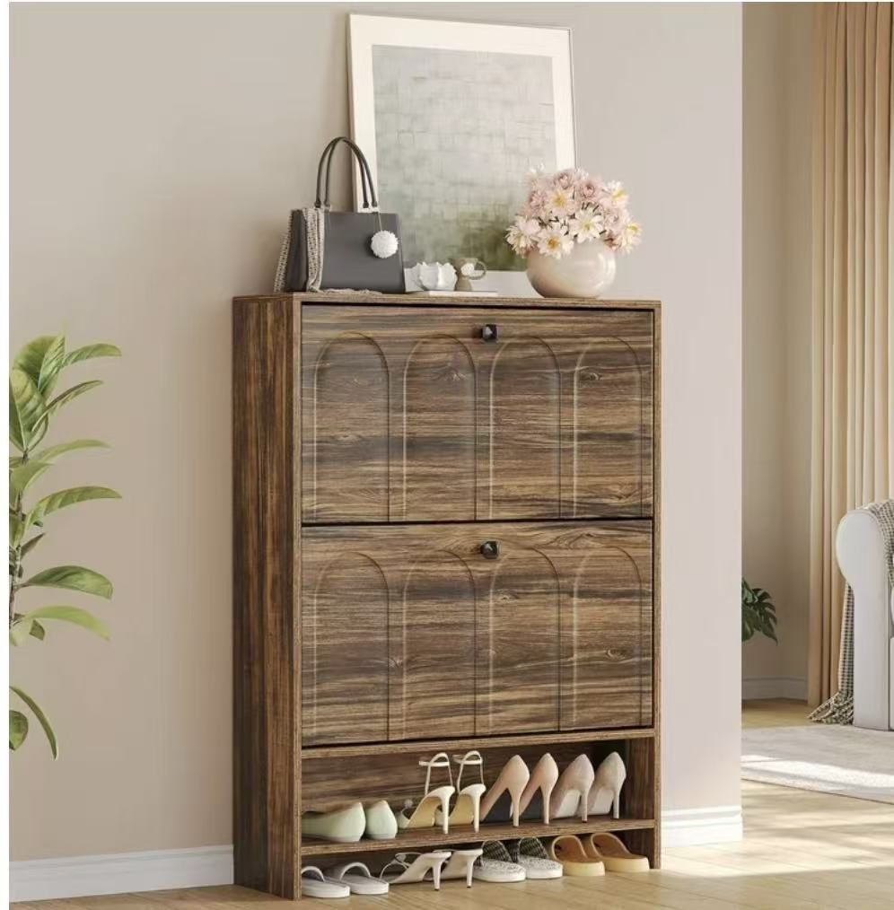 LD0032 Narrow Shoe Cabinet with 2 Flip Drawers & Open Shelf, Space Saving Design for Entryway