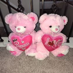 Pink matching teddy bears with princess and love hearts
