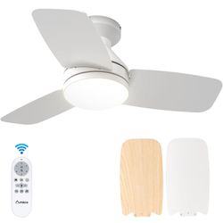 Amico Ceiling Fans with Lights, 30 inch Low Profile Ceiling Fan with Light and Remote Control, Flush Mount, Reversible, 3CCT, Dimmable, Noiseless, Whi