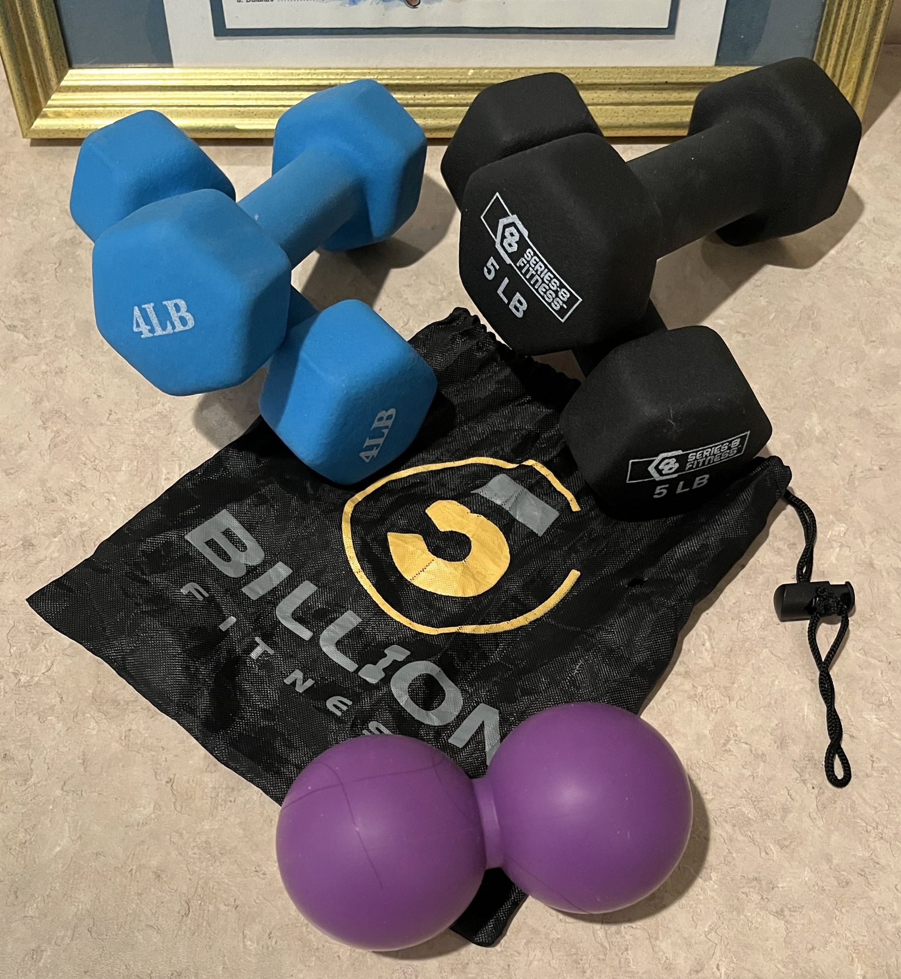 5 Billion Fitness Massage Ball + set of 4 lbs dumbbells + set of 5 lbs dumbbells