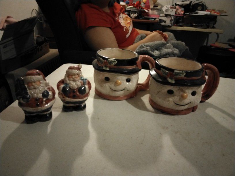 Set Of Snowman Mugs And Santa Salt And Pepper Shakers