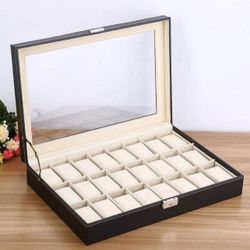 24 Slots Leather Men Women Watch Box Display Glass Top Jewelry Case Organizer