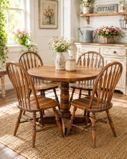 Vintage Rustic Cottagecore Handcrafted Oak Table With Dinaire Arrow back chairs