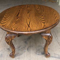 Solid Oak Round Side End Table, Queen Anne Legs